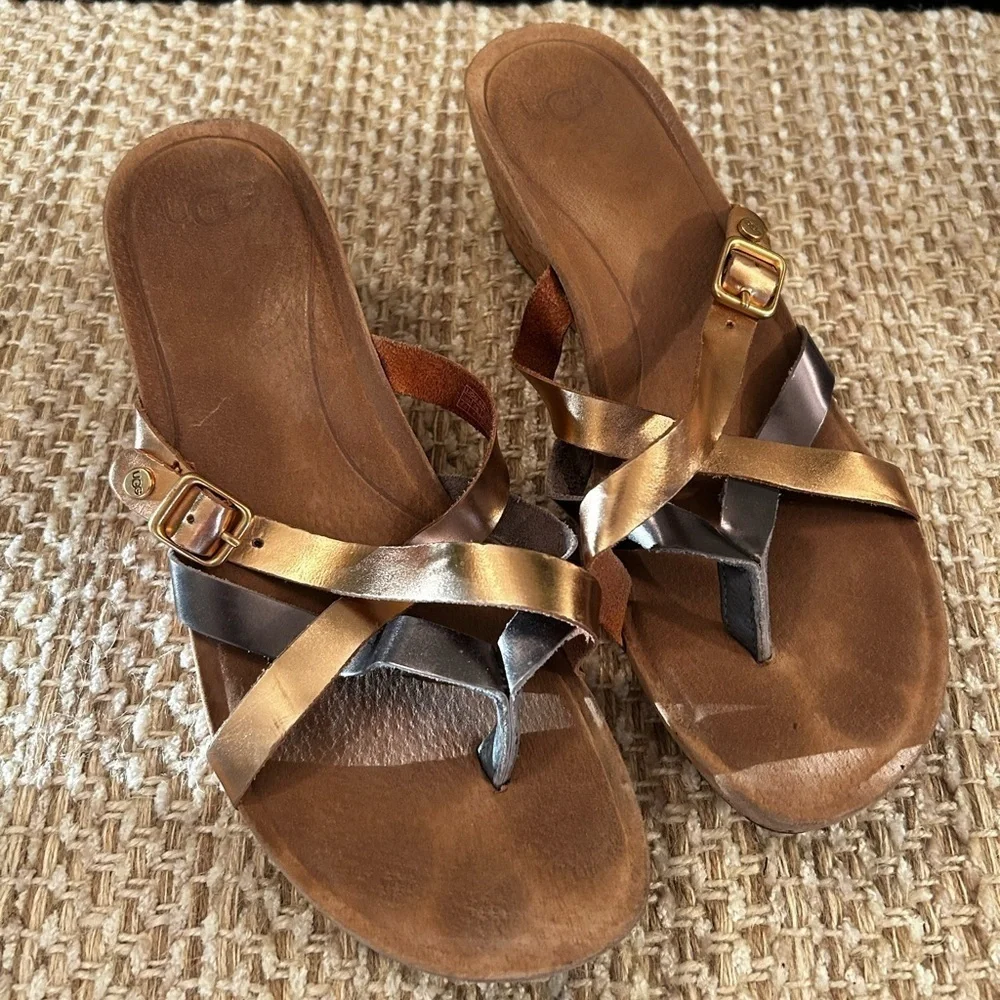 UGG‎ Adalie Metallic Cork Wedge Sandals Size 7.5 Festive Spring Strappy Slip On